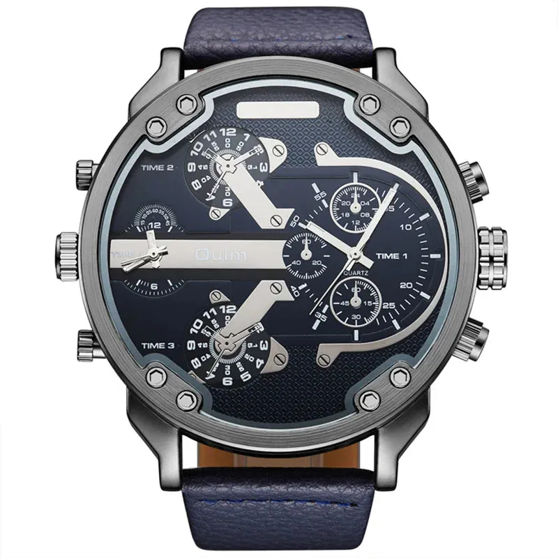 Oulm Men's Casual Sports Watches Unique Design Big Watch Male Leather Strap Quartz Clock Double Time Zone Men Luxury Wristwatch
