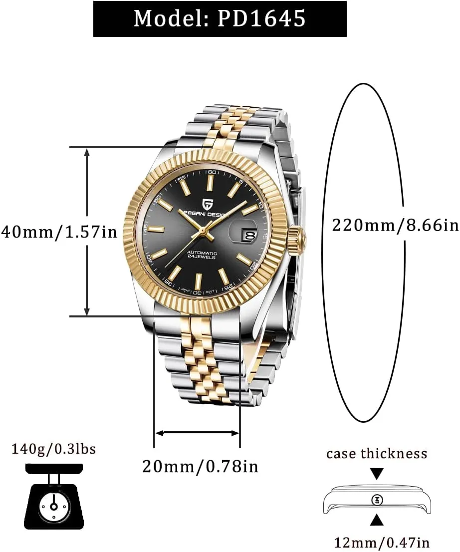 Pagani Design Automatic Watch, 40mm Stainless Steel Case, Date Display, NH35 Movement, 100m Water Resistant, Synthetic Sapphire Crystal,