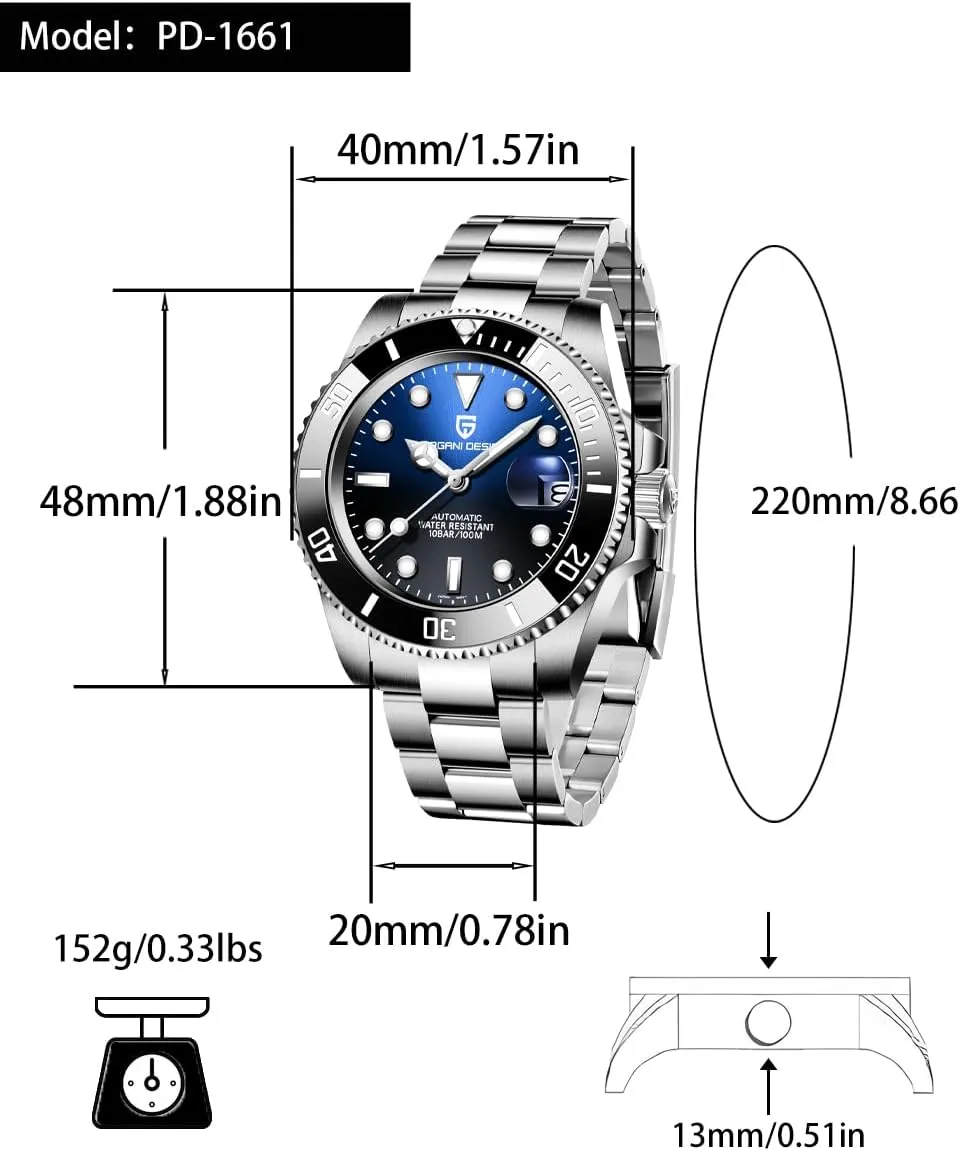 Pagani Design Watches for Men, Automatic Watch,Japanese Movement, Stainless Steel Waterproof Luminous Calendar