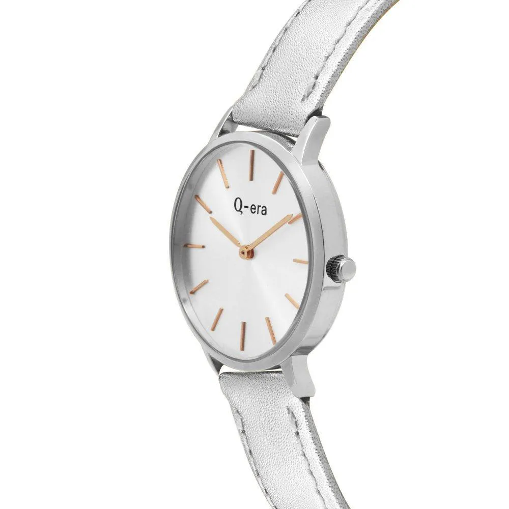 Q-era Metalilic Silver Leather Women's Watch - QV2801-10