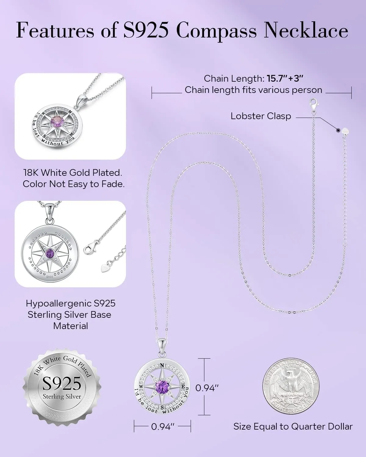 S925 Necklace Gift for Wife |Compass Jewelry |Women Anniversary |Sterling Silver |Girlfriend Birthday Gifts for Her Valentines |I'd be Lost without You |Jewel 18K Gold