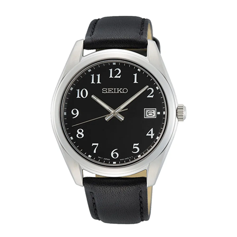 Seiko Mens Black Dial Leather Band Stainless Steel Quartz Watch - SUR461