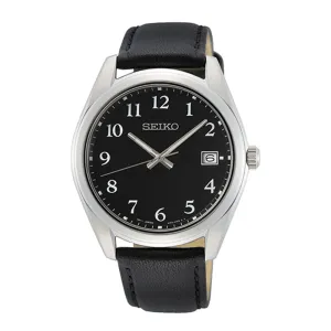 Seiko Mens Black Dial Leather Band Stainless Steel Quartz Watch - SUR461