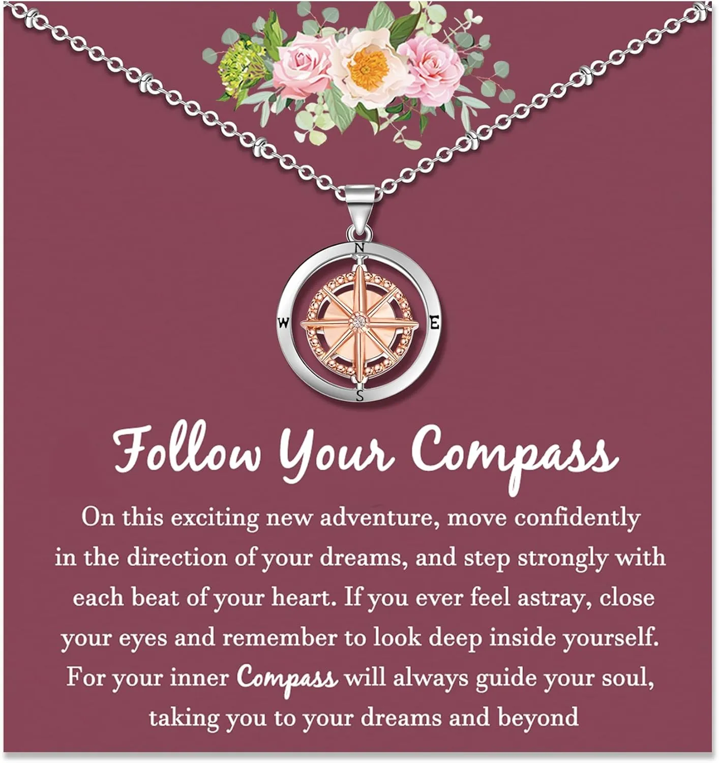 Shonyin Graduation Gifts for Her 8th 6th 5th Grade Rotate Compass Necklace for Women Girls, Sobriety, Inspirational Gifts for Best Friends Students Granddaughter Daughter