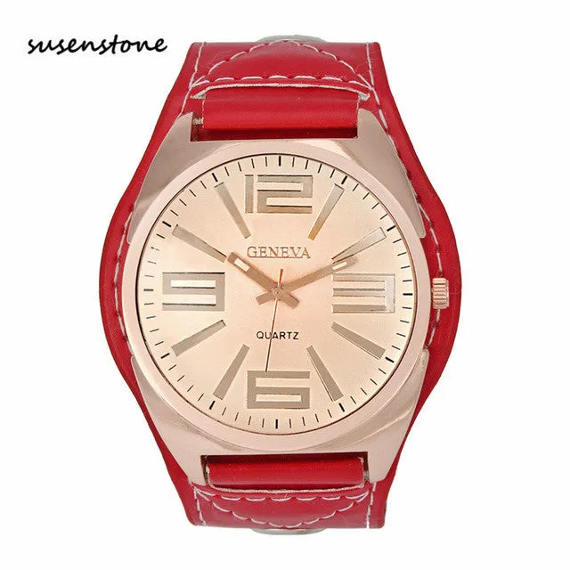 Susenstone Fashion Women Men large dial Watches Geneva Leather Quartz Wrist Watch Simple Classic design Ladies Watch relogio Y25