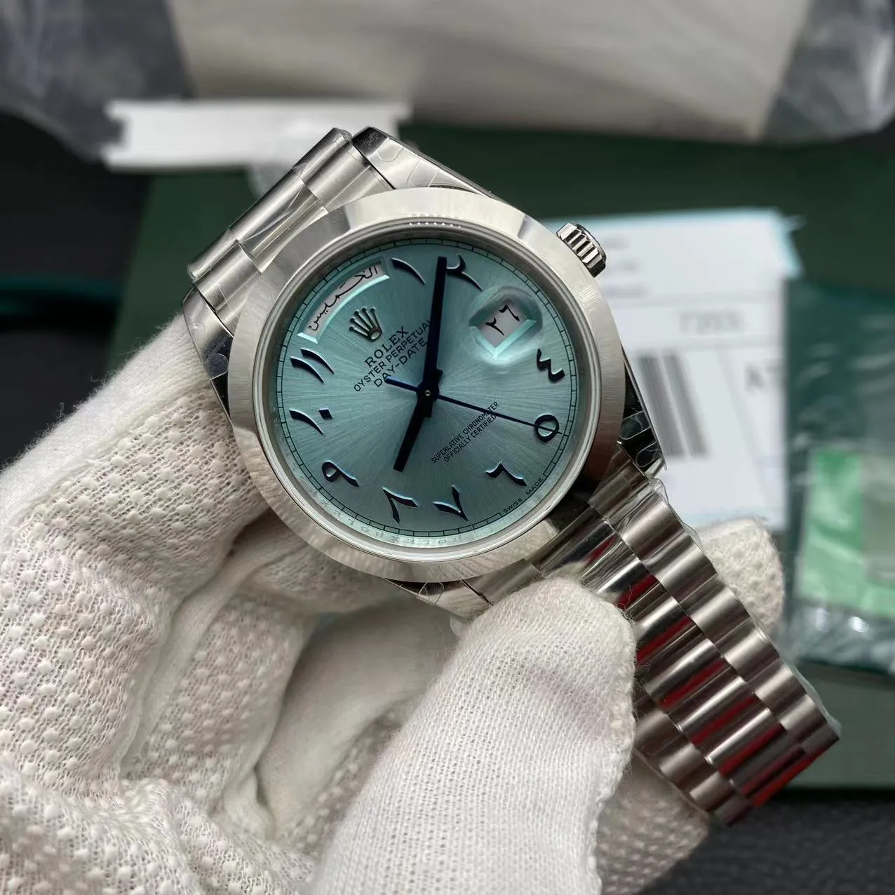 Swiss Clone Replica Rolex Day Date Ice Blue Arabic Dial Platinum