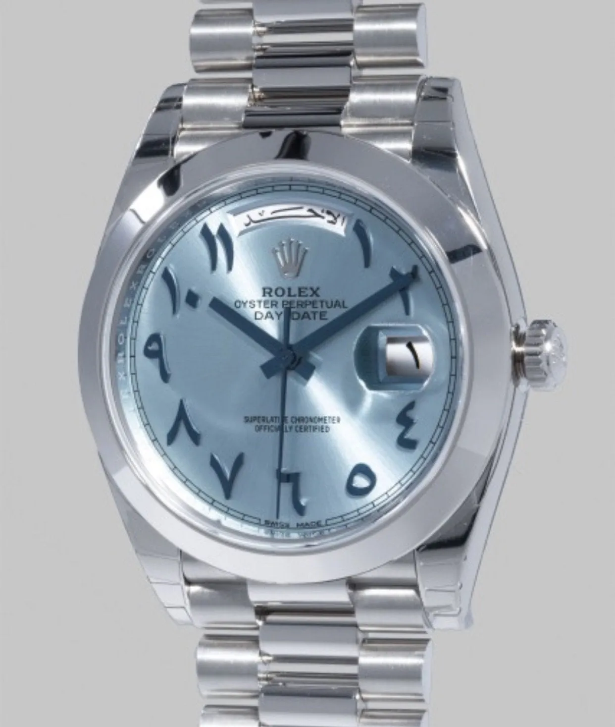 Swiss Clone Replica Rolex Day Date Ice Blue Arabic Dial Platinum