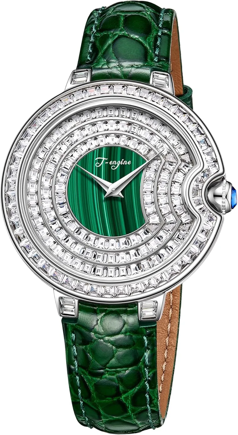 T-ENGINE Luxury Women's Watch with Genuine Leather Strap, Diamond Inlay,Fashion Design - Elegant Watches for Ladies