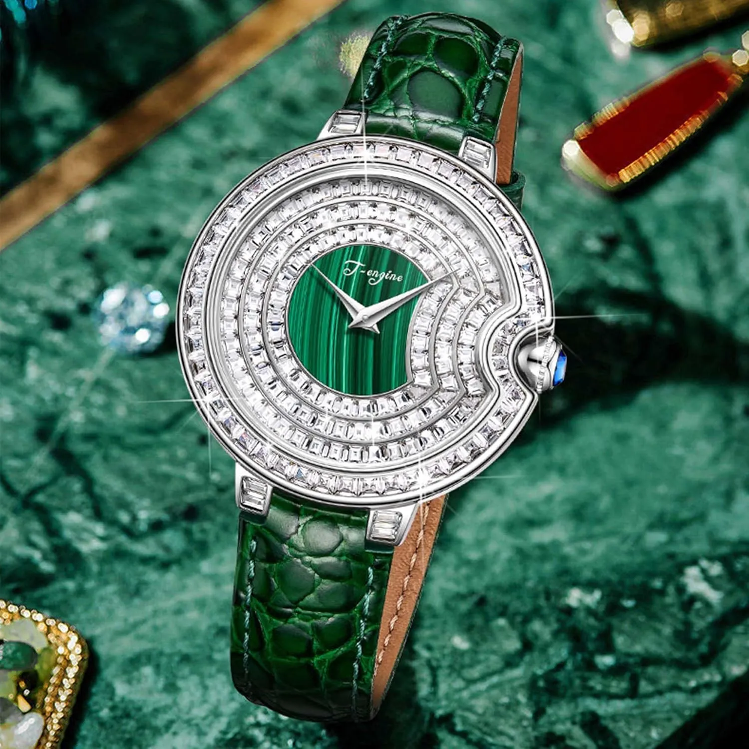 T-ENGINE Luxury Women's Watch with Genuine Leather Strap, Diamond Inlay,Fashion Design - Elegant Watches for Ladies