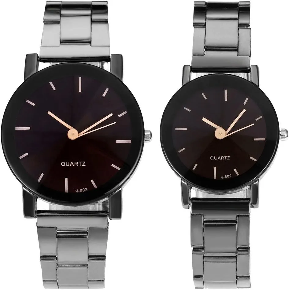 Top Plaza His and Hers Valentine Day Gift Couples Watches All Black Bracelet Watch Simple Elegant Design