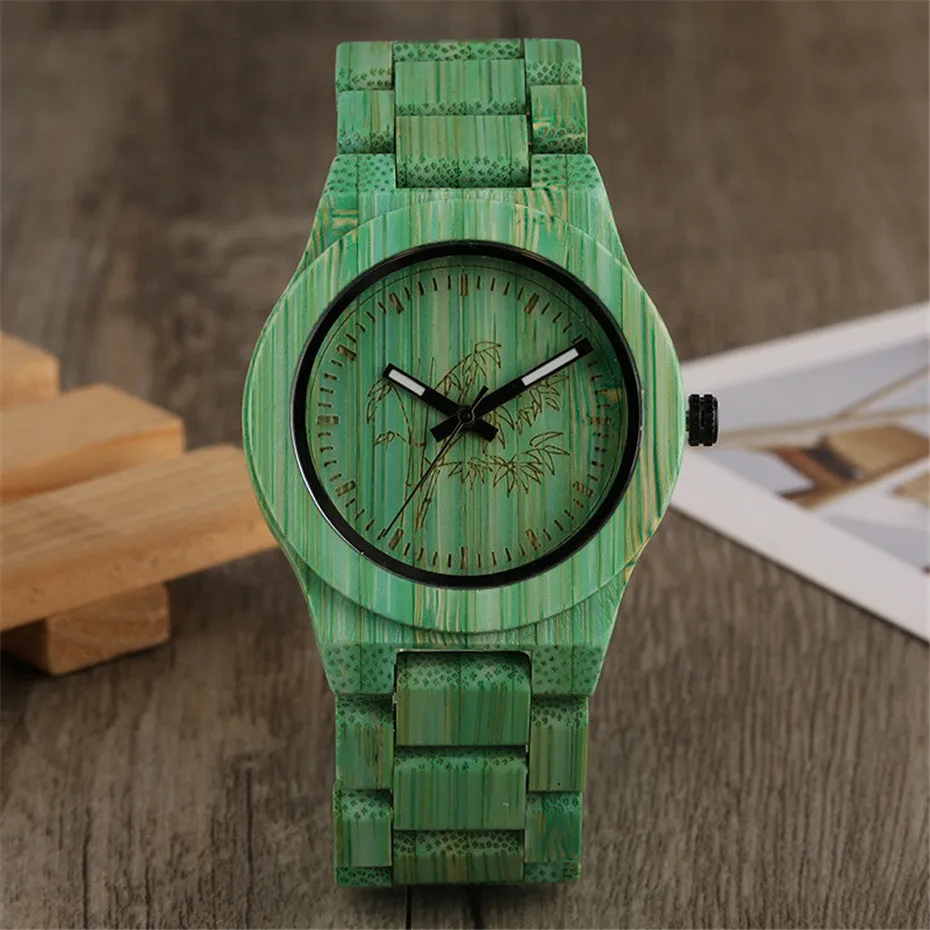 Unique Green/Grey Color Bamboo Wooden Watches Creative Bamboo Pattern Face Dial Wood Band Wristwatch for Men & Women Unisex Gifts