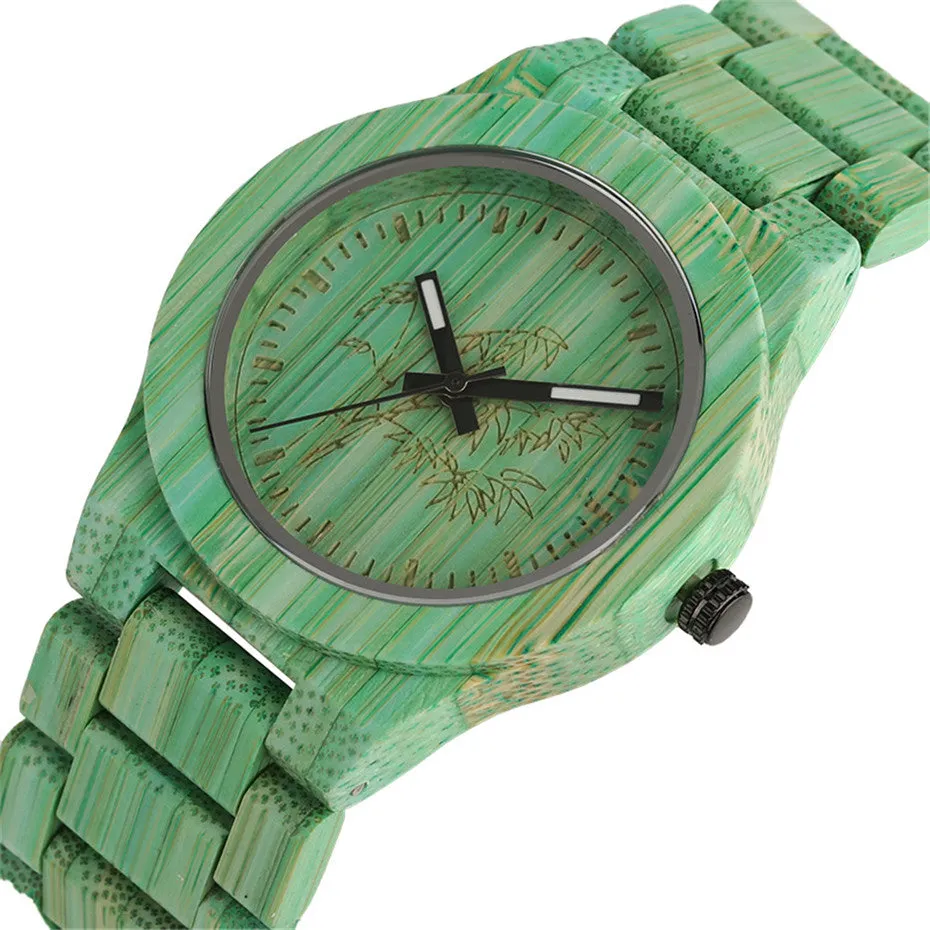 Unique Green/Grey Color Bamboo Wooden Watches Creative Bamboo Pattern Face Dial Wood Band Wristwatch for Men & Women Unisex Gifts
