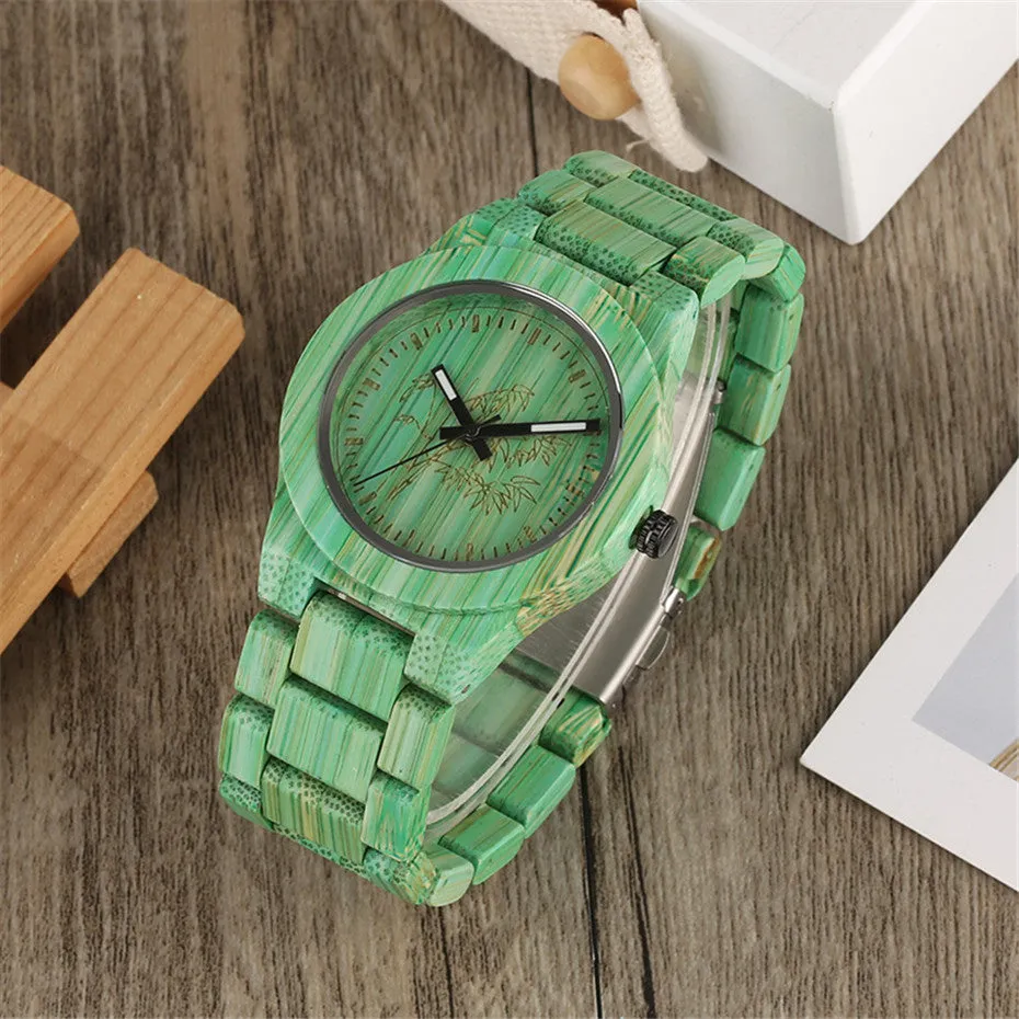 Unique Green/Grey Color Bamboo Wooden Watches Creative Bamboo Pattern Face Dial Wood Band Wristwatch for Men & Women Unisex Gifts
