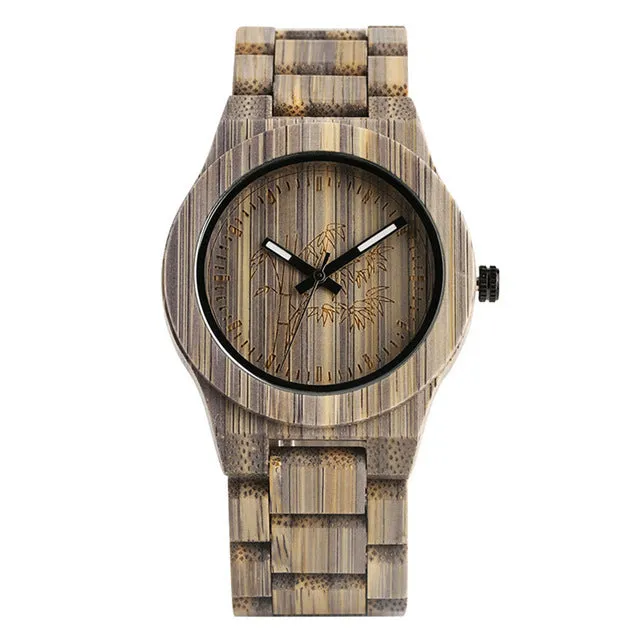 Unique Green/Grey Color Bamboo Wooden Watches Creative Bamboo Pattern Face Dial Wood Band Wristwatch for Men & Women Unisex Gifts