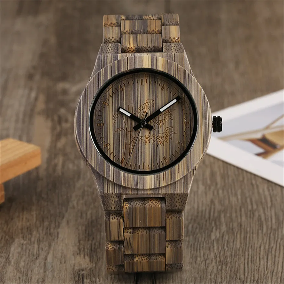 Unique Green/Grey Color Bamboo Wooden Watches Creative Bamboo Pattern Face Dial Wood Band Wristwatch for Men & Women Unisex Gifts