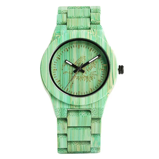 Unique Green/Grey Color Bamboo Wooden Watches Creative Bamboo Pattern Face Dial Wood Band Wristwatch for Men & Women Unisex Gifts