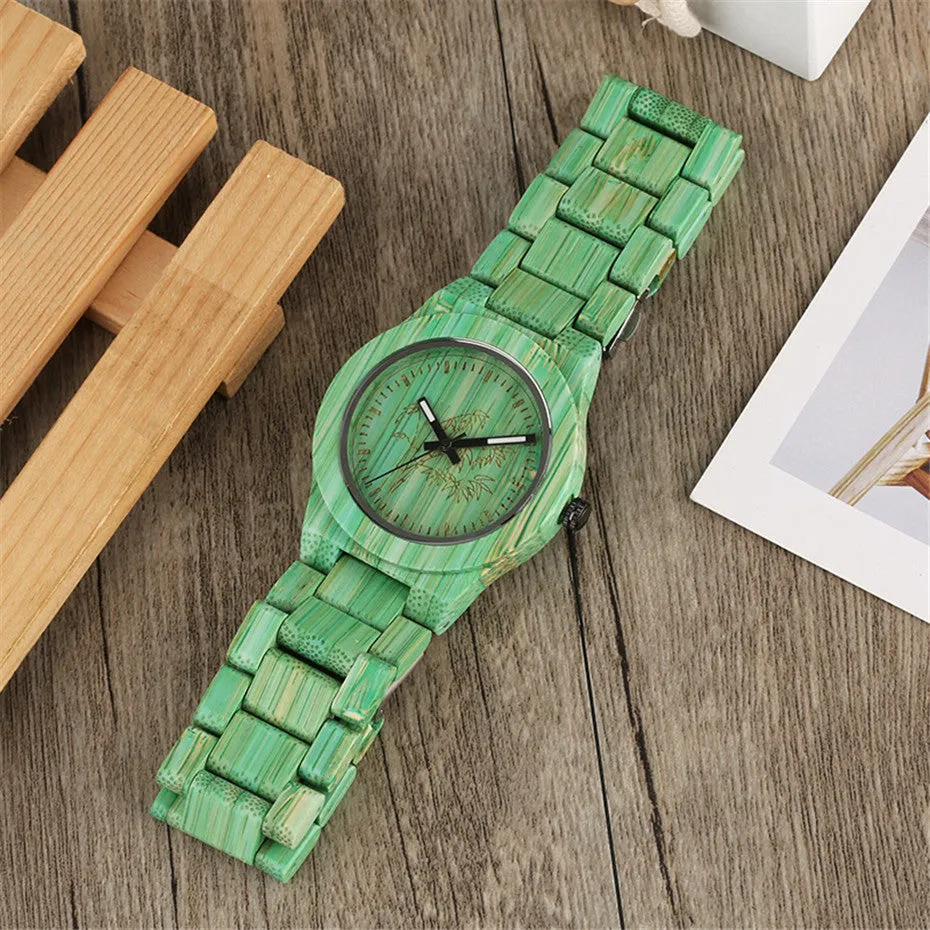 Unique Green/Grey Color Bamboo Wooden Watches Creative Bamboo Pattern Face Dial Wood Band Wristwatch for Men & Women Unisex Gifts