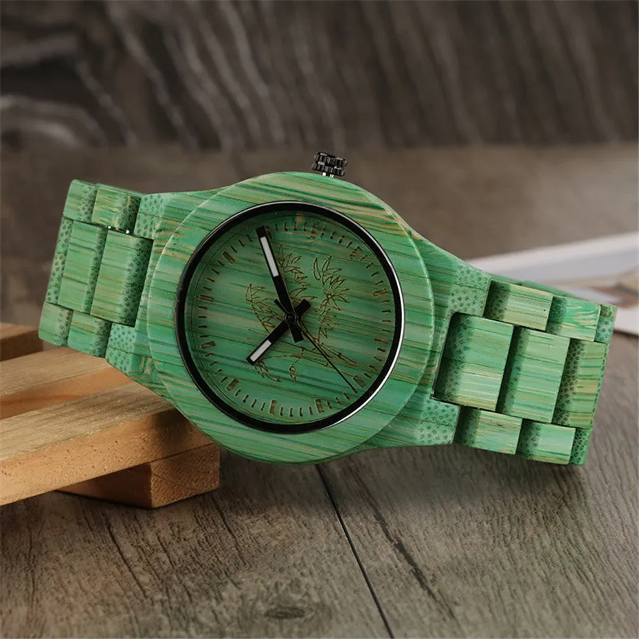 Unique Green/Grey Color Bamboo Wooden Watches Creative Bamboo Pattern Face Dial Wood Band Wristwatch for Men & Women Unisex Gifts