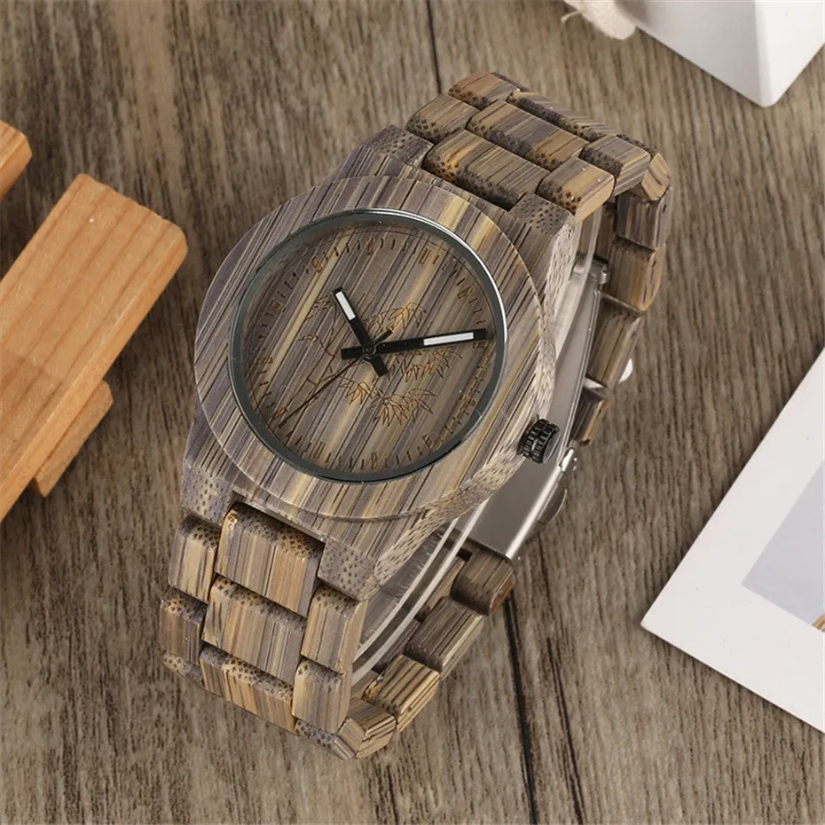 Unique Green/Grey Color Bamboo Wooden Watches Creative Bamboo Pattern Face Dial Wood Band Wristwatch for Men & Women Unisex Gifts