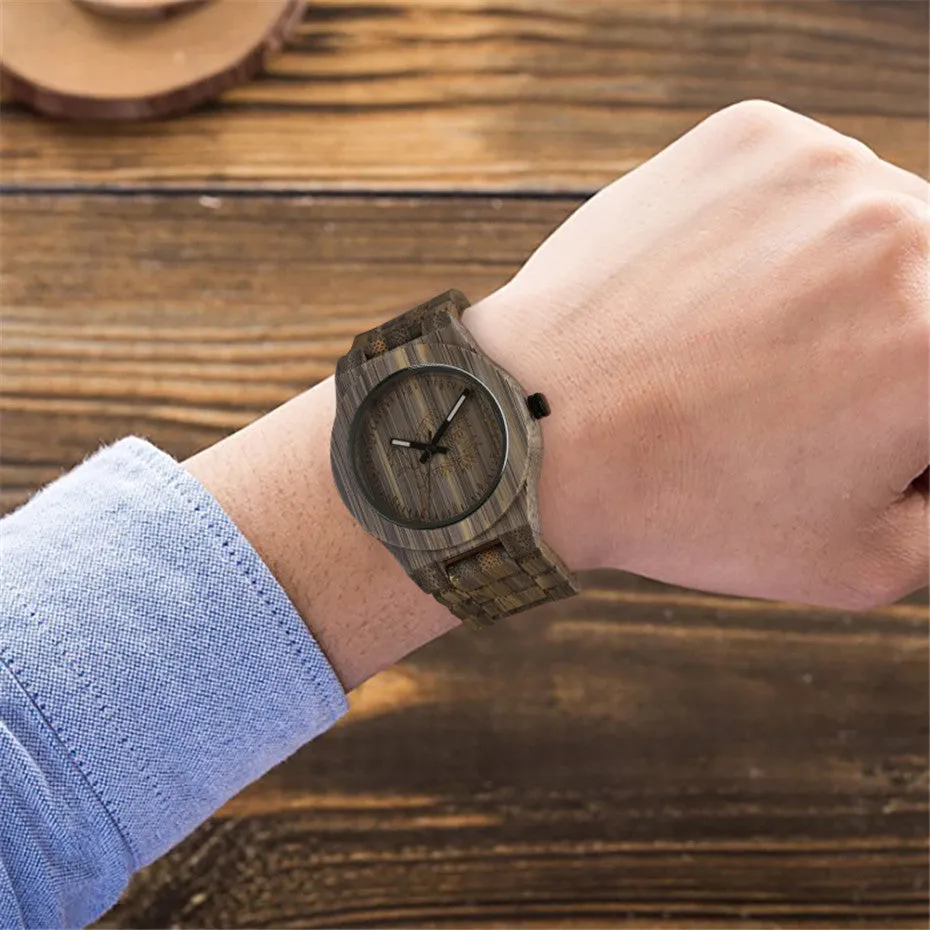 Unique Green/Grey Color Bamboo Wooden Watches Creative Bamboo Pattern Face Dial Wood Band Wristwatch for Men & Women Unisex Gifts