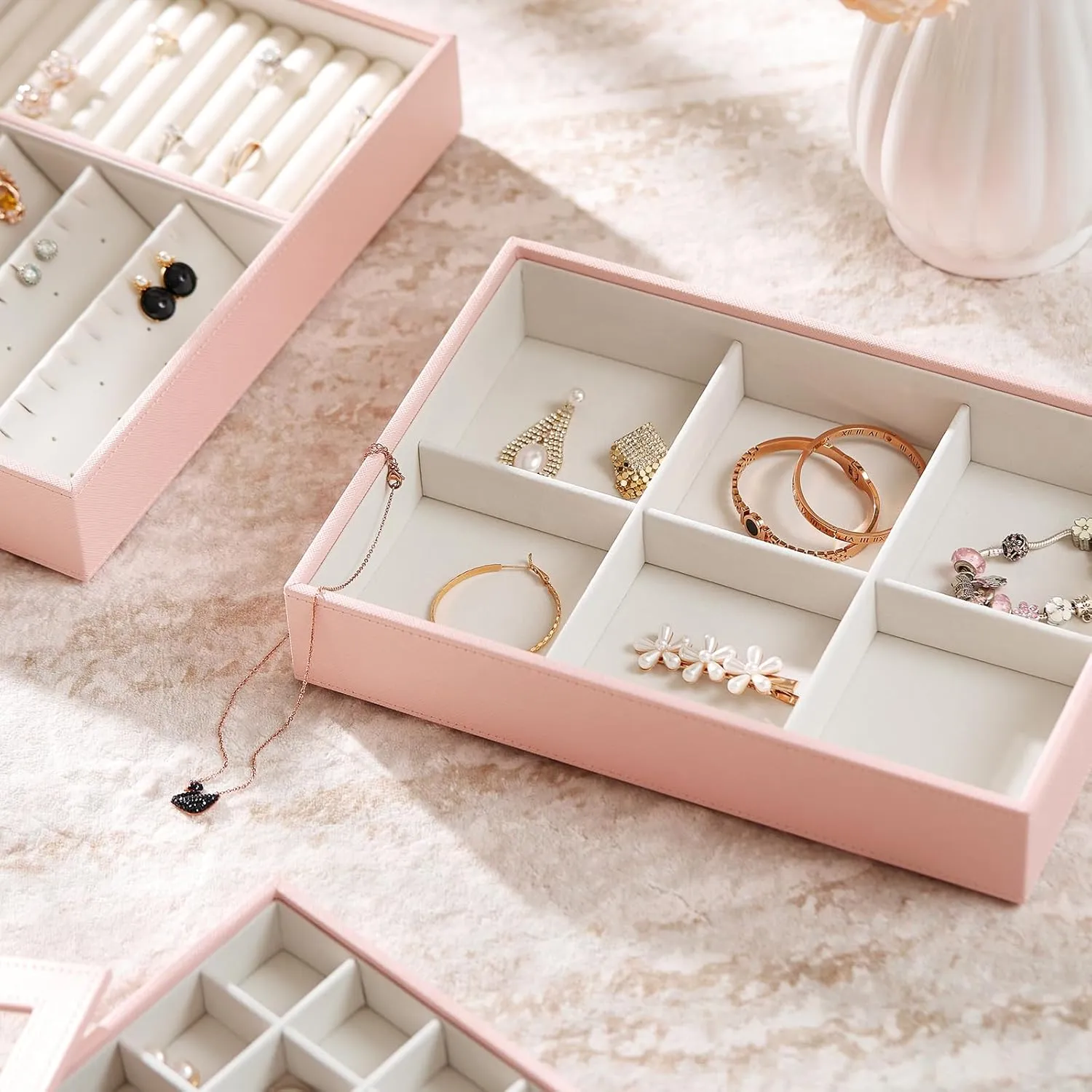 VEE&CO. jewelry tray drawer organizer, earring organizer necklace organizer,for Bangle Pendants Brooch Watch, Gift for Women Girls 6 Grid with Glass Lid Pink