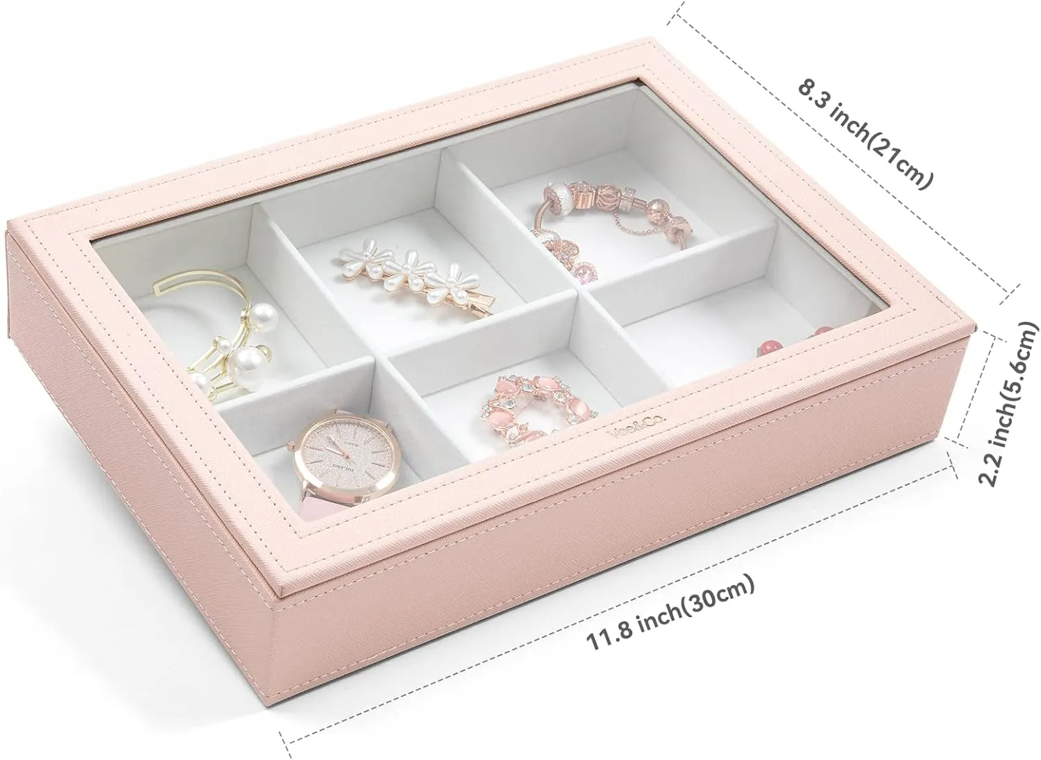 VEE&CO. jewelry tray drawer organizer, earring organizer necklace organizer,for Bangle Pendants Brooch Watch, Gift for Women Girls 6 Grid with Glass Lid Pink