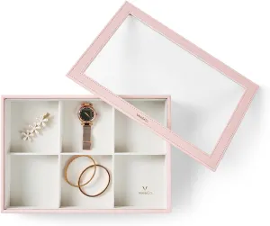 VEE&CO. jewelry tray drawer organizer, earring organizer necklace organizer,for Bangle Pendants Brooch Watch, Gift for Women Girls 6 Grid with Glass Lid Pink