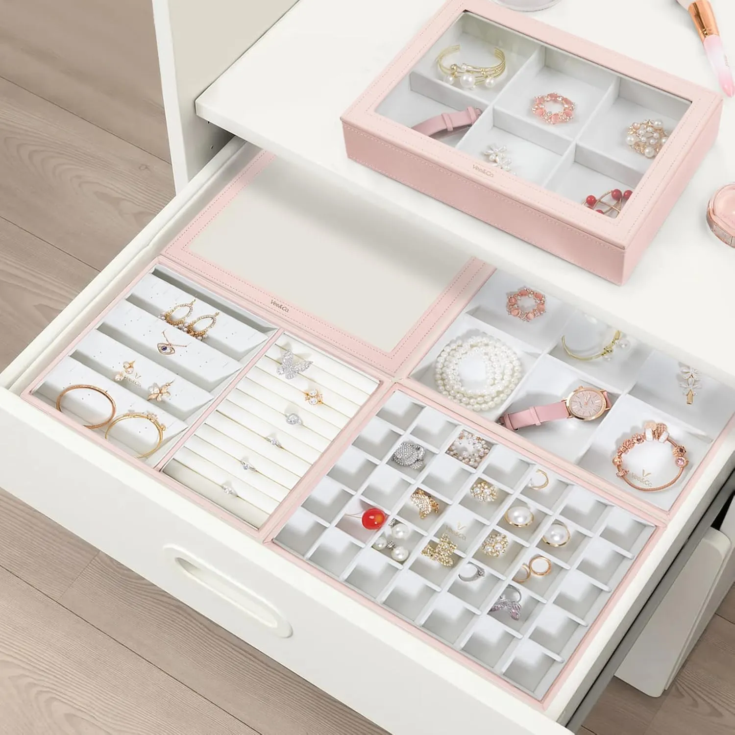 VEE&CO. jewelry tray drawer organizer, earring organizer necklace organizer,for Bangle Pendants Brooch Watch, Gift for Women Girls 6 Grid with Glass Lid Pink