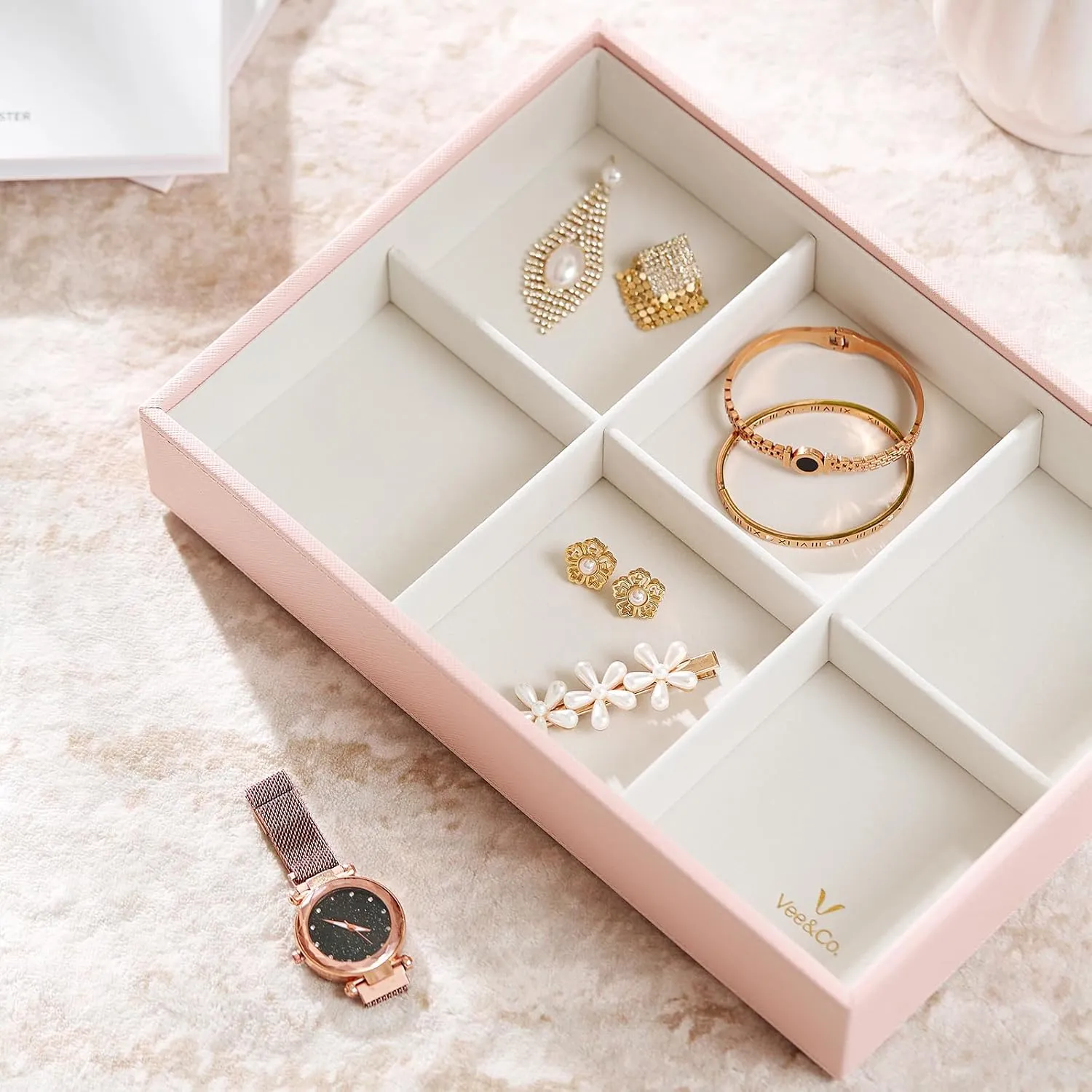 VEE&CO. jewelry tray drawer organizer, earring organizer necklace organizer,for Bangle Pendants Brooch Watch, Gift for Women Girls 6 Grid with Glass Lid Pink