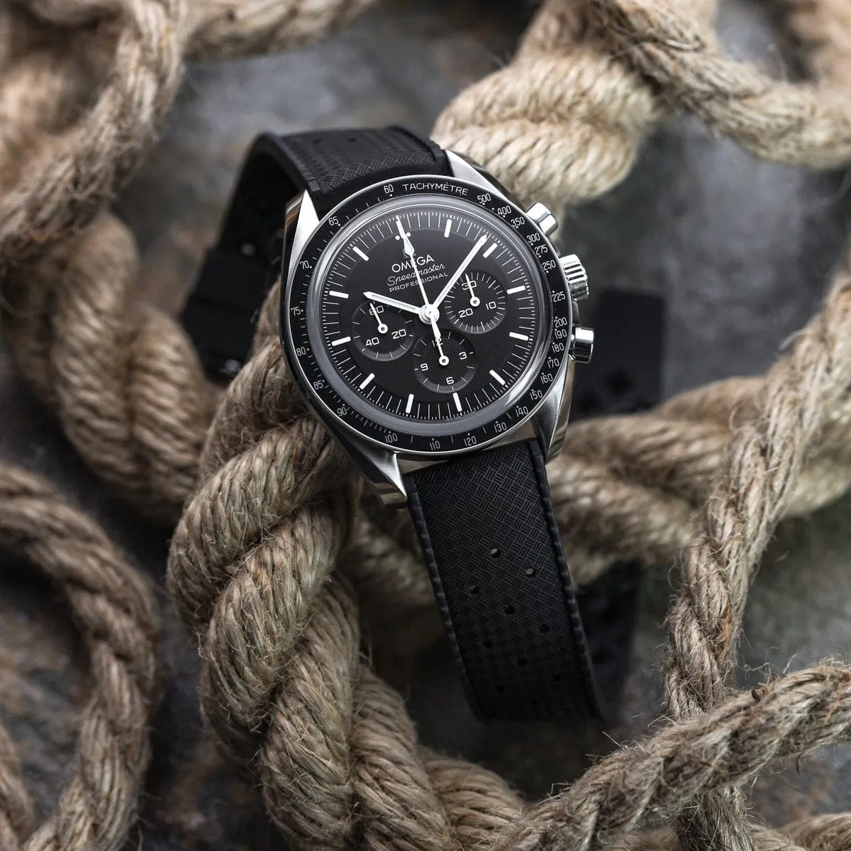 Vintage Style Perforated Rubber Watch Strap - Black