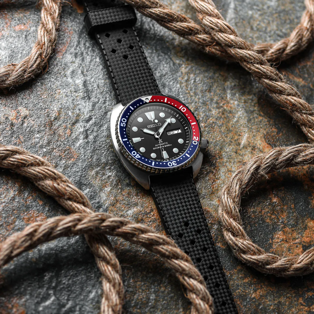 Vintage Style Perforated Rubber Watch Strap - Black