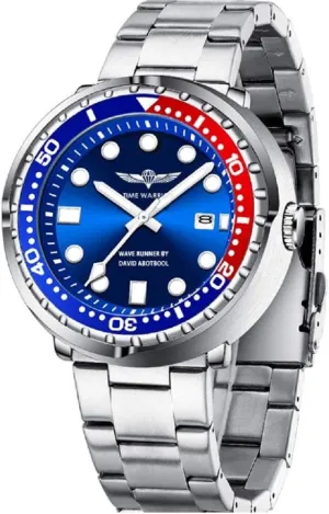 Wave Runner by DA, Stainless Steel Band, Men's Pro Diver Wrist Watch, Limited Edition. (Blue)