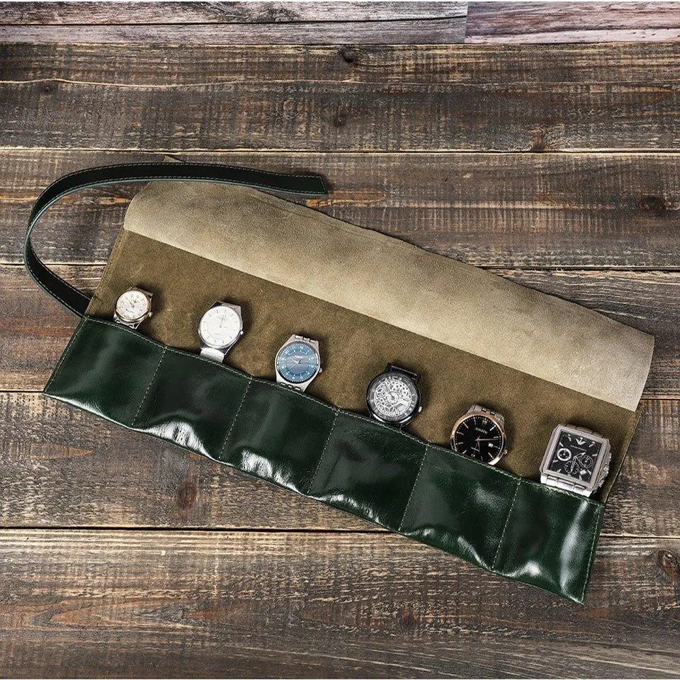 Woosir Leather Watch Travel Roll Case for 6 Watches