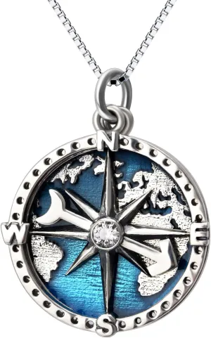 YFN Compass Pendant Necklace Sterling Silver Navy Anchor Travel Map Necklace for Women Men 18"
