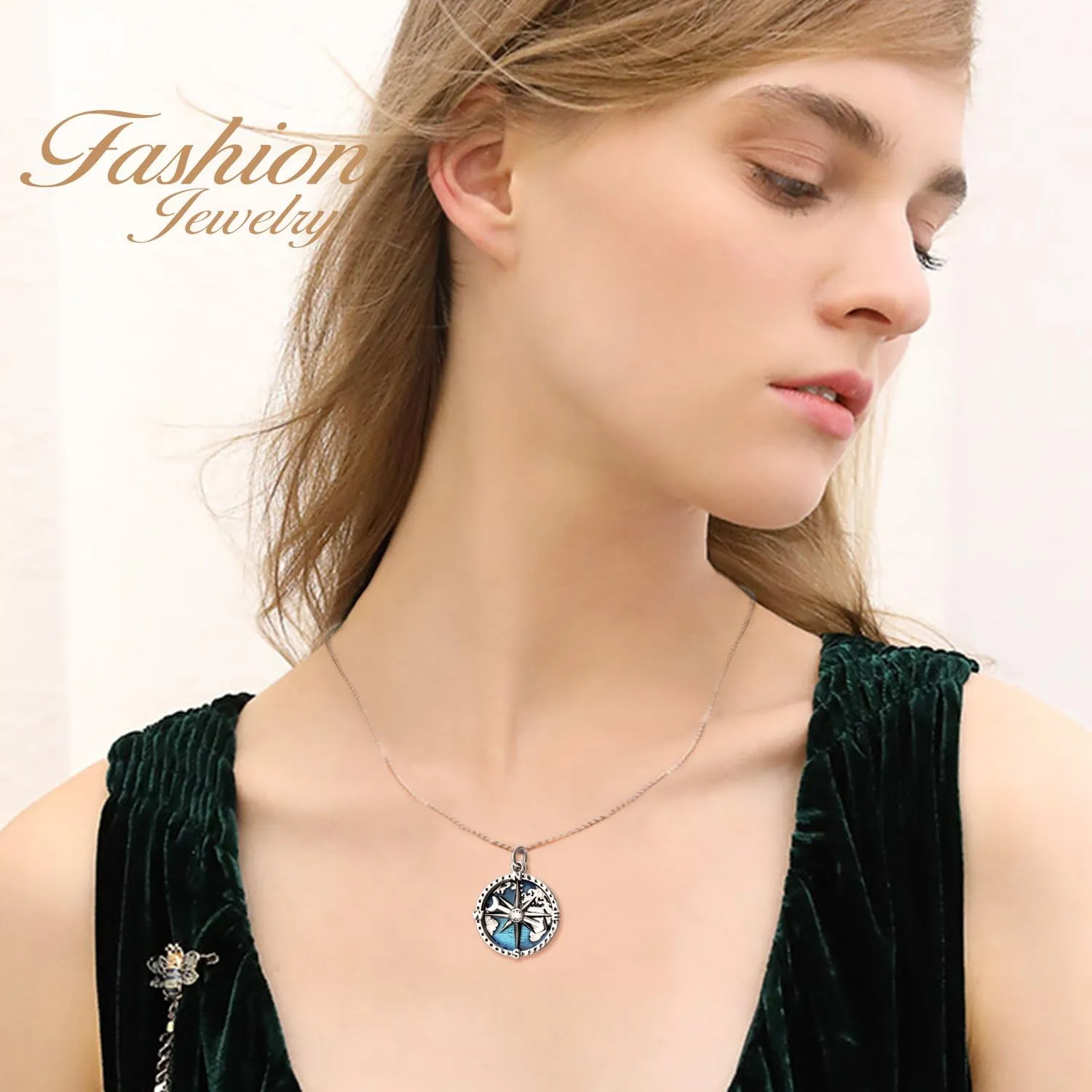 YFN Compass Pendant Necklace Sterling Silver Navy Anchor Travel Map Necklace for Women Men 18"
