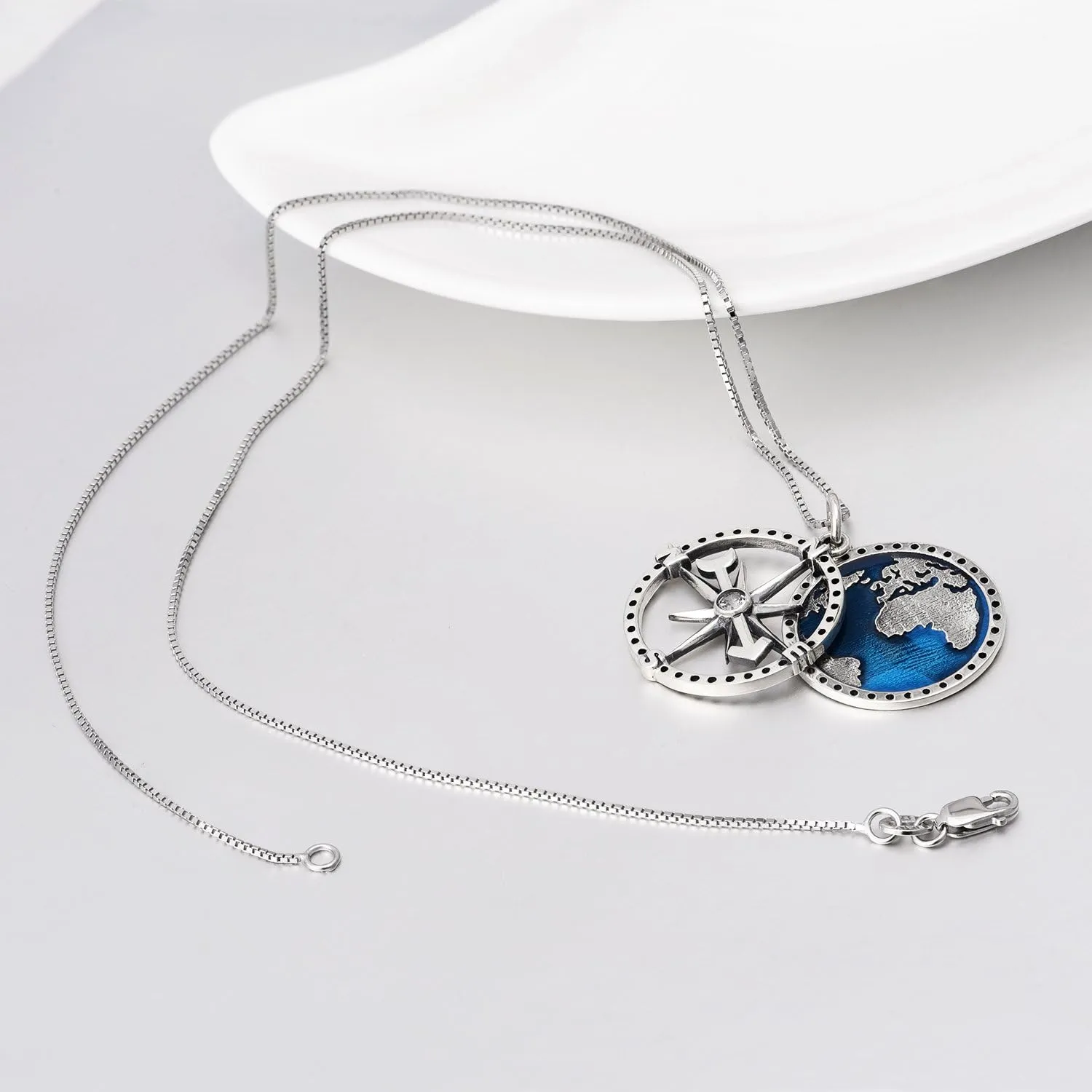 YFN Compass Pendant Necklace Sterling Silver Navy Anchor Travel Map Necklace for Women Men 18"