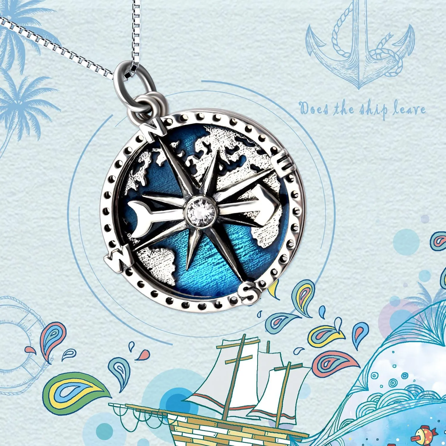 YFN Compass Pendant Necklace Sterling Silver Navy Anchor Travel Map Necklace for Women Men 18"